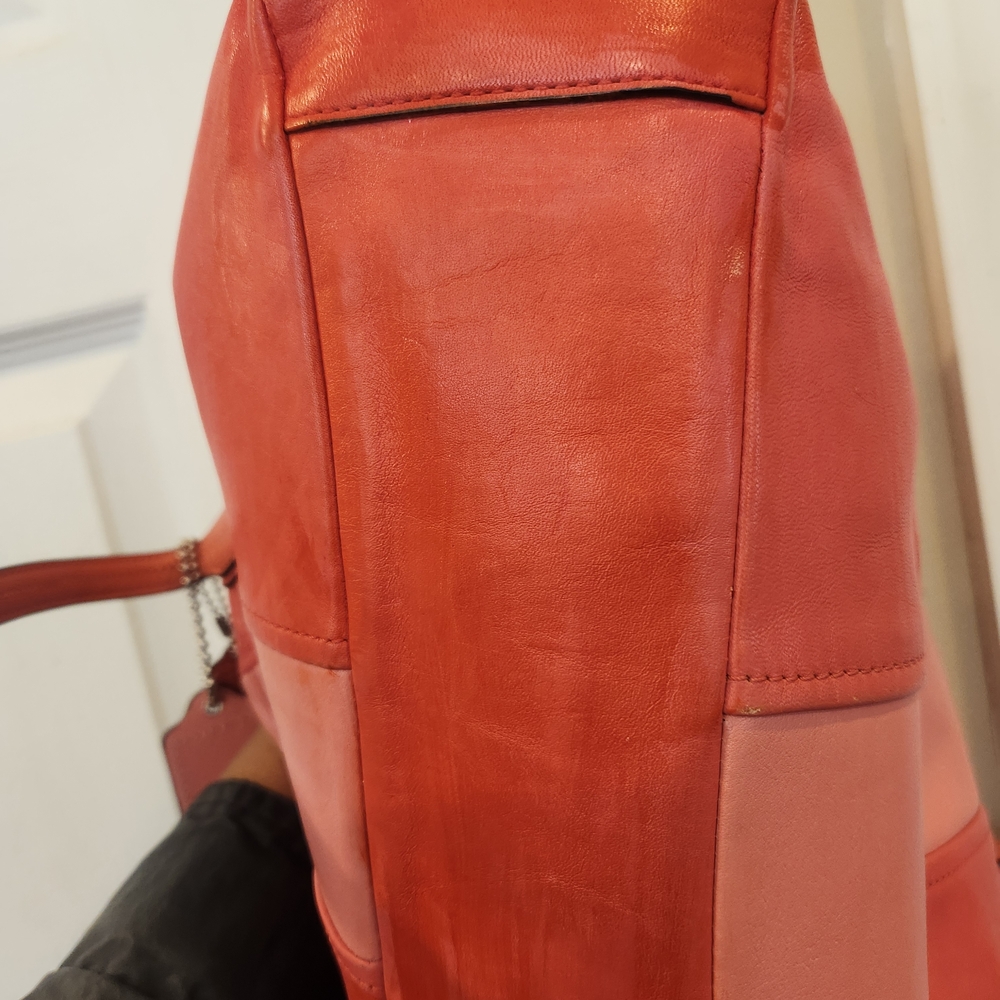 Coach Dark Peach And Light Melon Striped Leather Tote Bag GUC - Picture 7 of 11